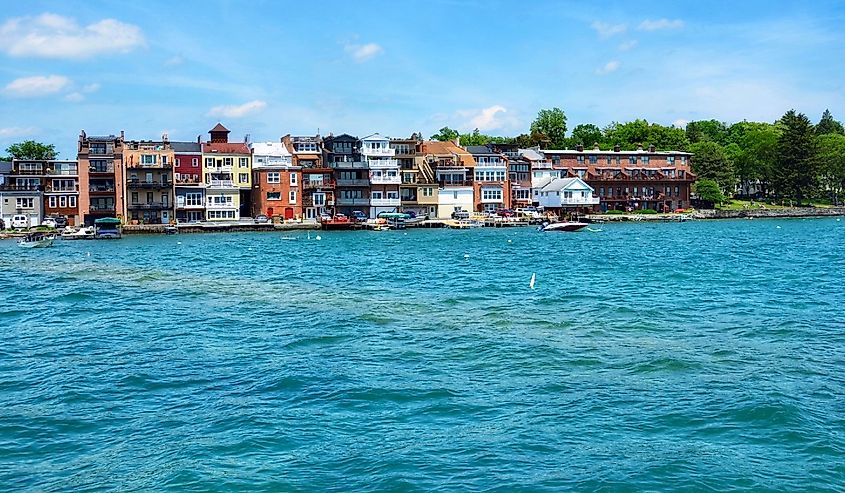 Shops, Restaurants and Condominium on Skaneateles Lake, view from the pier, Skaneateles, New York