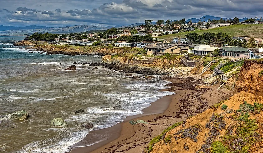 Overlooking Abalone Cove, Cambria, California with dark storm clouds.