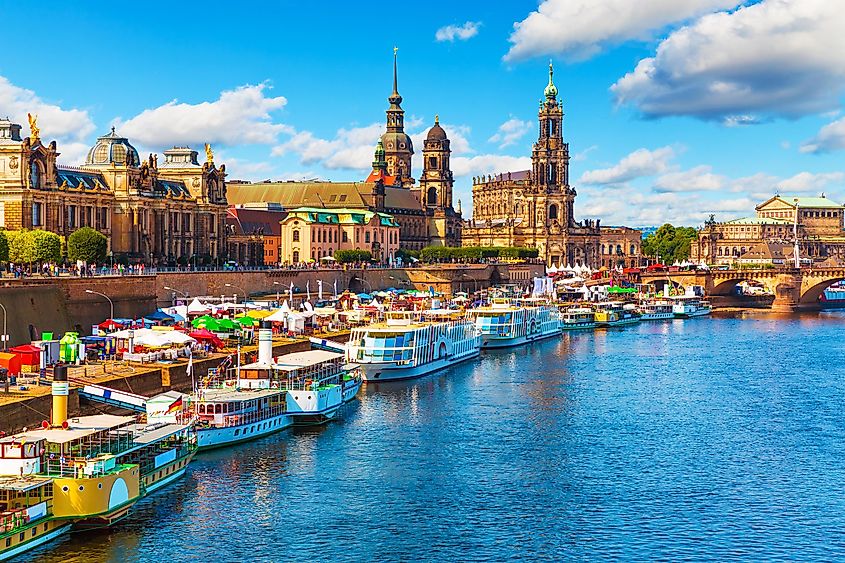 Scenic summer view of the Old Town architecture with Elbe river embankment in Dresden, Saxony, Germany