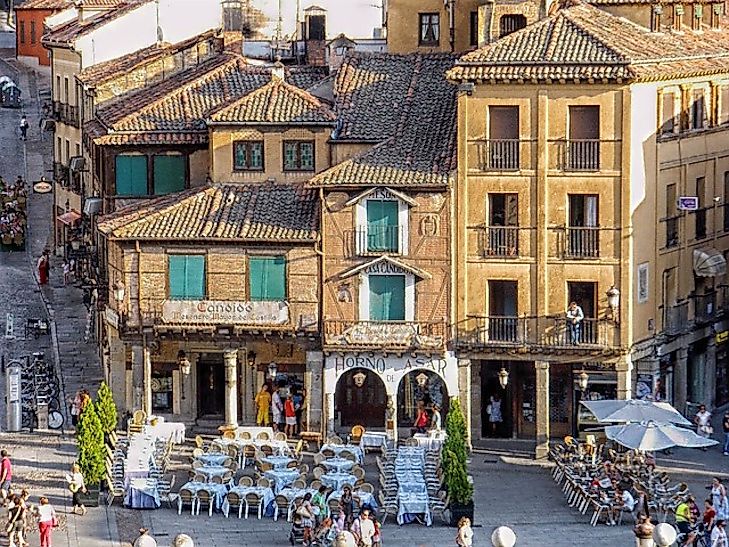 A cafe on a street corner in the historic city of Segovia, Spain