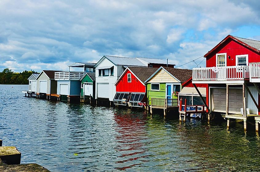 Canandaigua, New York, US- October 1, 2020: Historic Canandaigua Lake Boathouses. With their rustic nature, the boathouses are an attraction for artists, tourists, and photographers.