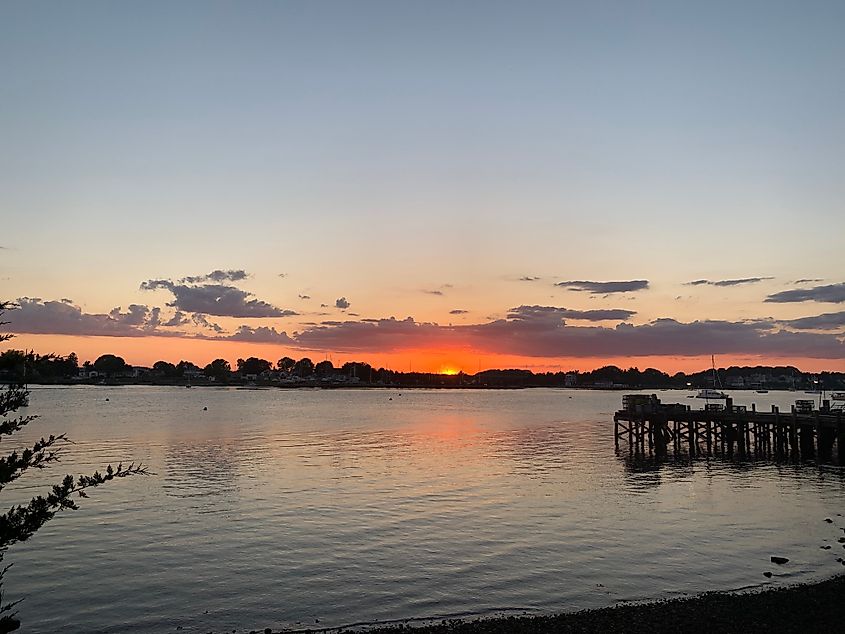 Waterfront properties offer memorable sunset views in Tiverton, Rhode Island.