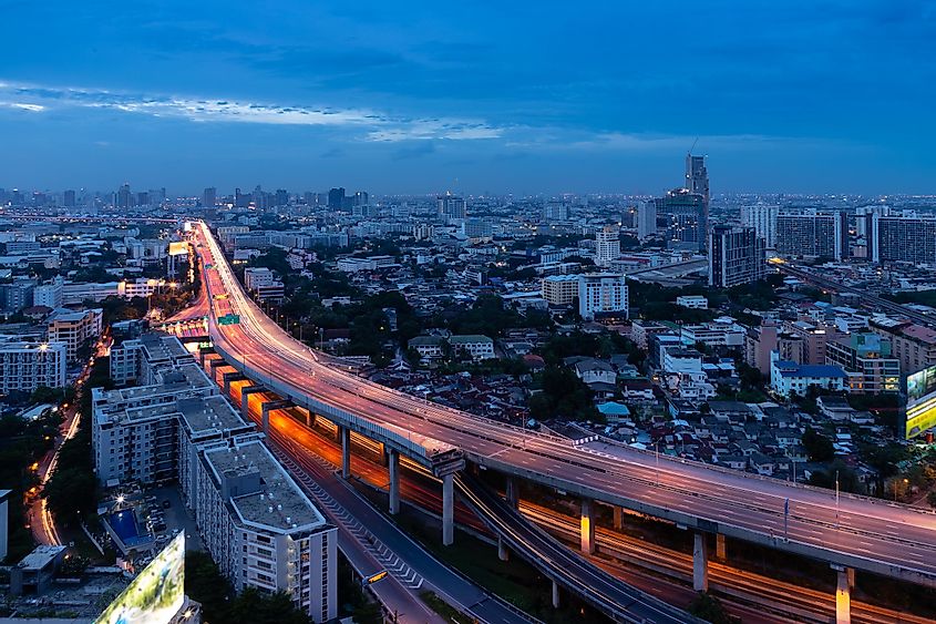 The Bang Na Expressway snaking its way through Bangkok, Thailand.