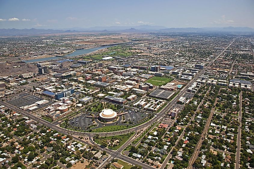 Aerial view of the city of Tempe and the Arizona State University's main campus