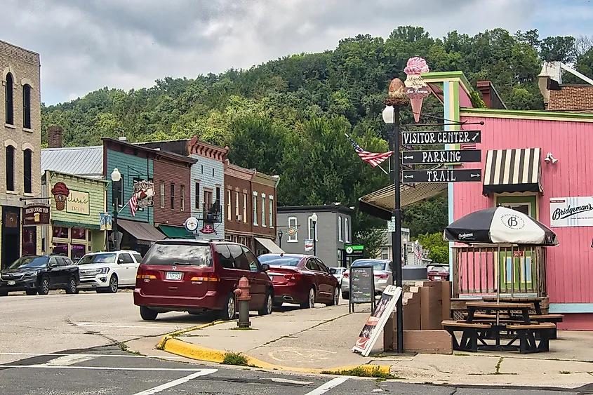 Summer day view of downtown Lanesboro, Minnesota, along the Root River State Trail.