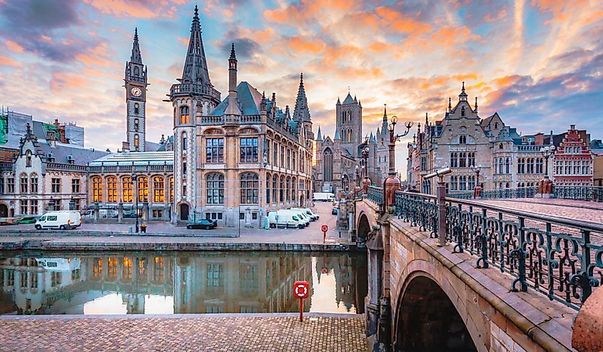 Panoramic view of the historic city center of Ghent with Leie river illuminated in beautiful twilight, Ghent, East Flanders, Belgium