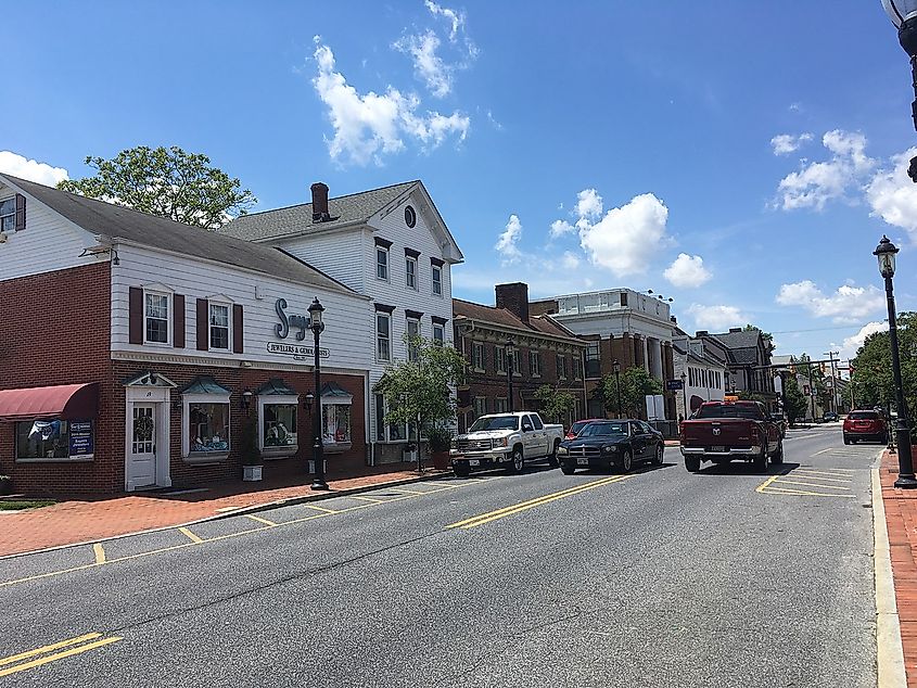 Northbound Main Street approaching the intersection with Commerce Street in Smyrna, Delaware.