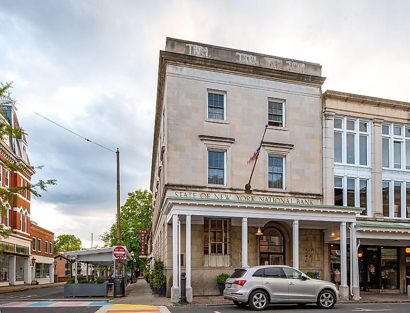 Kingston, NY - USA- May 12, 2021: a landscape view of the Hotel Kinsley, located in the former State of New York National Bank in the historic Kingston Stockade District.