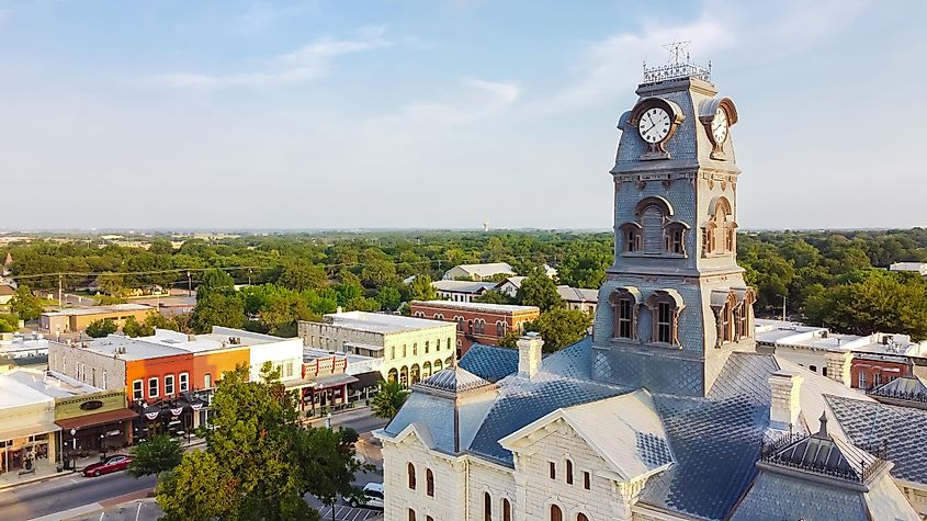 Clock Tower on Hood County Courthouse in Historic Granbury Square, Texas