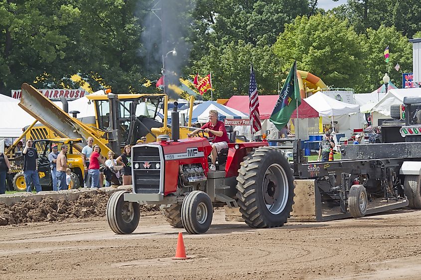 Red Massey Ferguson 1155 tractor competing at the tractor pull at the Brown County Fair.