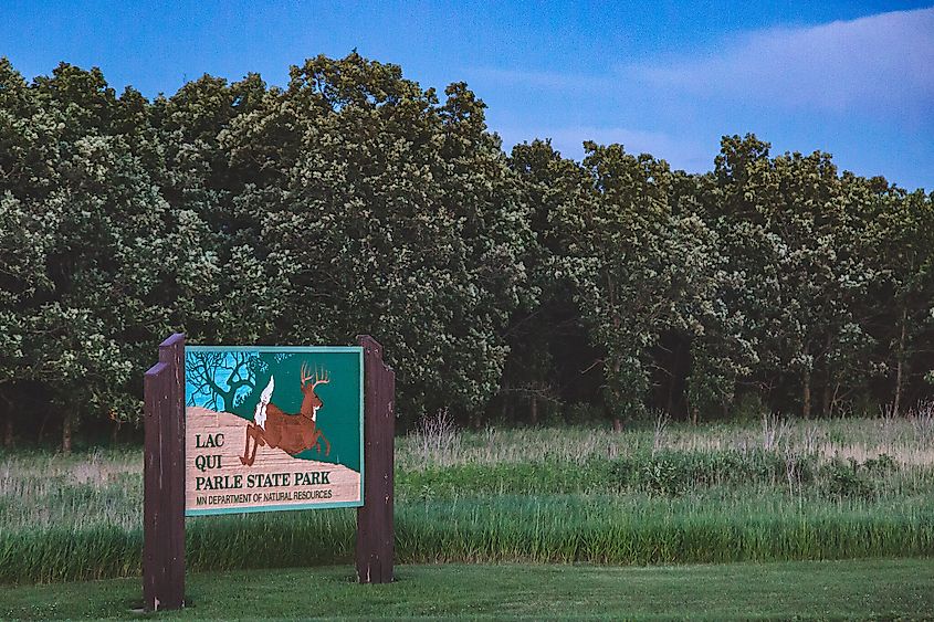 Lac qui Parle State Park entrance sign at the Lower Campground near Dawson, Minnesota.