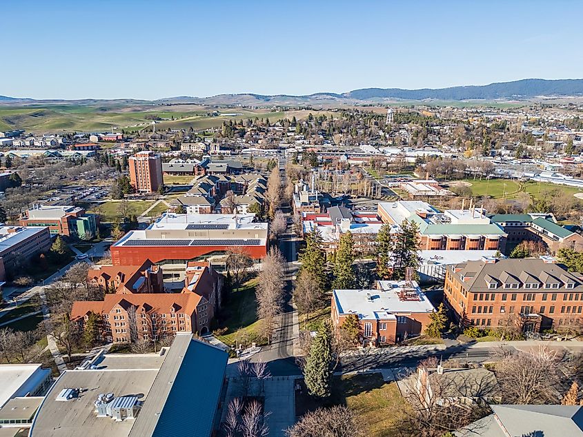 Aerial view of the University of Idaho and surrounding buildings in the town of Moscow, Idaho.