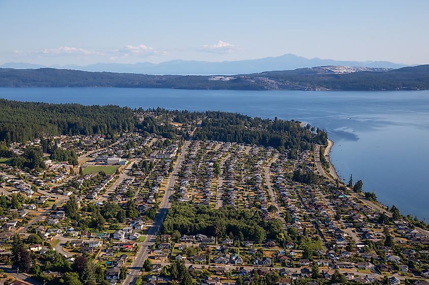 Aerial view of Powell River during a sunny summer day. Located in Sunshine Coast, BC, Canada.