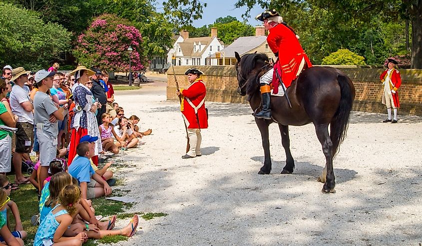 An actor playing Benedict Arnold, with crowd in attendance, at Colonial Williamsburg in Virginia.