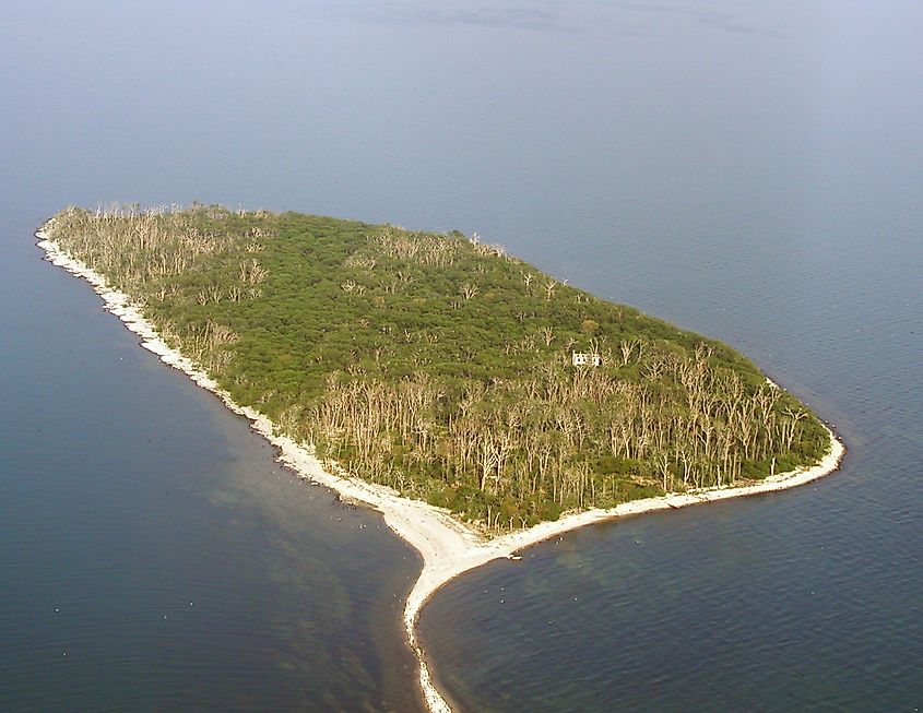 Aerial photo of Middle Island, Ontario Canada showing the remains of the last structure on the island.