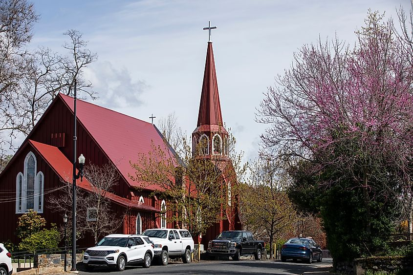 Springtime view of a historic church in downtown Sonora, California.