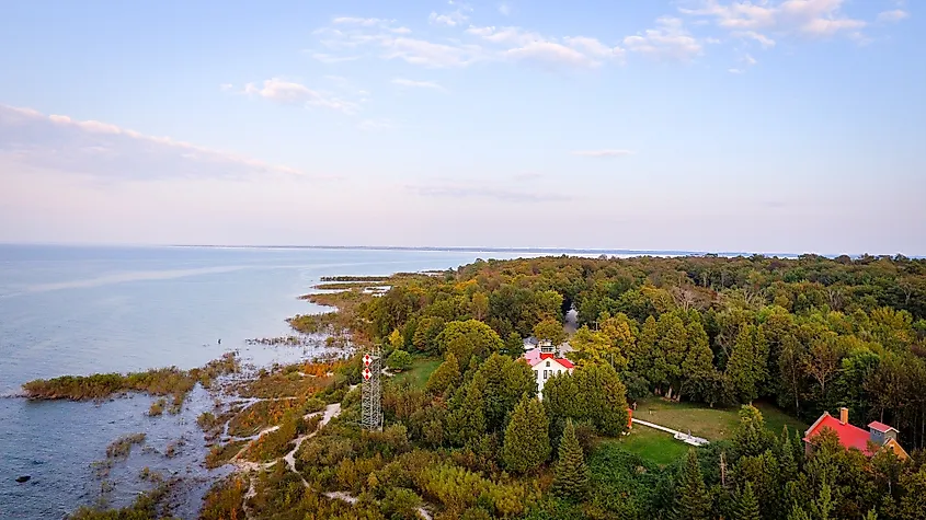 Grand Traverse Light aerial of Northport, Michigan.