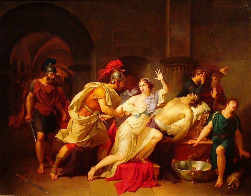 The capture of Cleopatra by Roman soldiers following the death of Mark Antony.