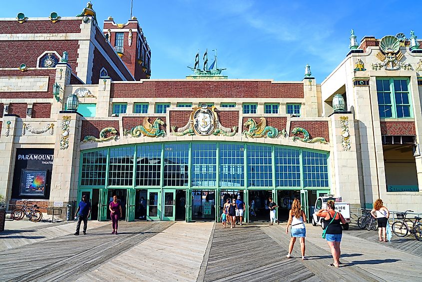  View of the landmark Asbury Park Convention Hall, a historic building in Asbury Park on the New Jersey Shore. 