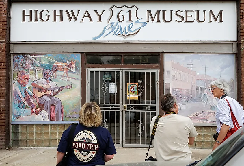 Tourists visit Highway 61 Museum in Leland, Mississippi.