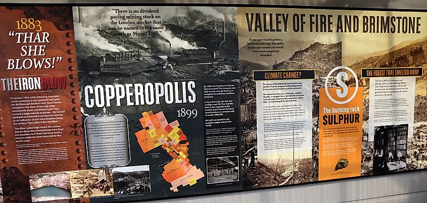Information board about the mining and processing of copper. Queenstown, Tasmania, Australia.