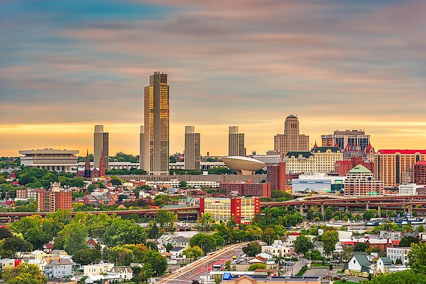 Albany, New York, USA downtown city skyline at dusk.