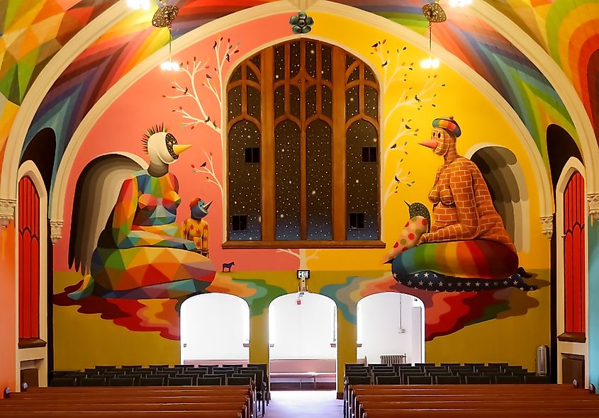 The International Church of Cannabis in Denver, Colorado, featuring vibrant murals and serving as the home of Elevationism
