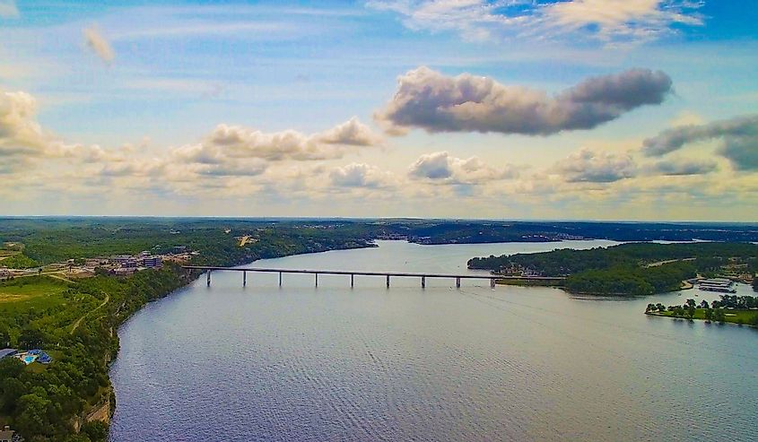 Aerial view of a bridge at the Lake of the Ozarks Missouri with a gorgeous blue sky