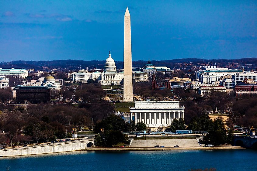 Aerial view of Washington D.C. from Top of Town Restaurant, Arlington, Virginia, shows Lincoln & Washington Memorial and U.S. Capitol