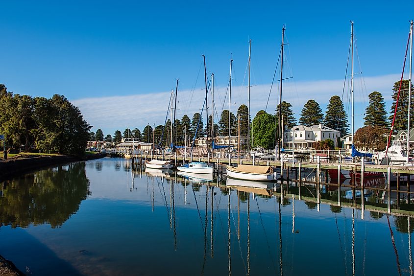 View of boats moored on the Moyne River at Port Fairy 