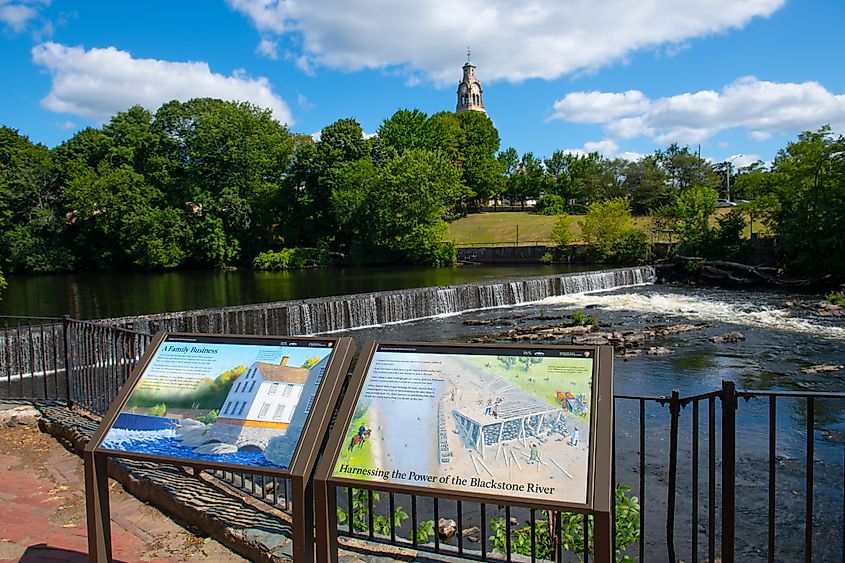 PAWTUCKET, RI, USA - AUG. 26, 2019: Introduction sign in Old Slater Mill National Historic Landmark on Roosevelt Avenue in downtown Pawtucket, Rhode Island RI, USA. Wangkun Jia via Shutterstock