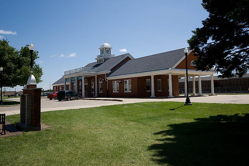 The historic Northern Pacific railroad depot in the Mandan Commercial Historic District, which now contains a German restaurant Andrew Filer