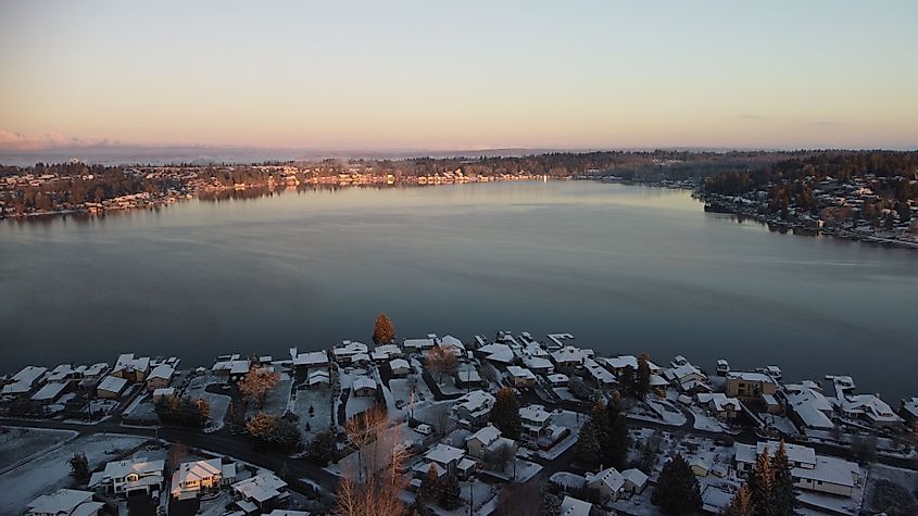An aerial drone view of the eastside of Lake Stevens