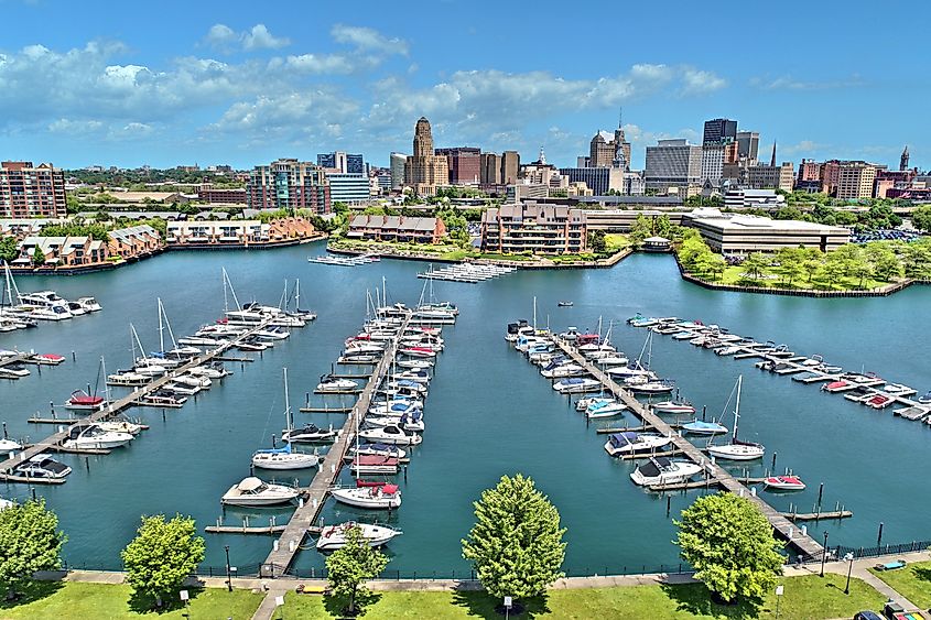 Aerial view of marina in Buffalo, New York.
