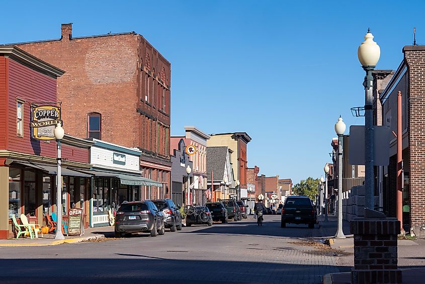 Downtown scene of the historic Calumet, Michigan during the fall