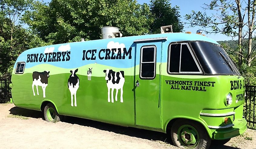 Vintage bus with Ben and Jerry's logo.