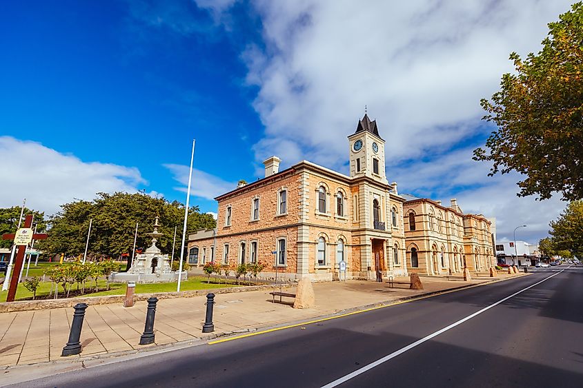 The iconic Mount Gambier Town Hall and main street in Mount Gambier, South Australia, Australia