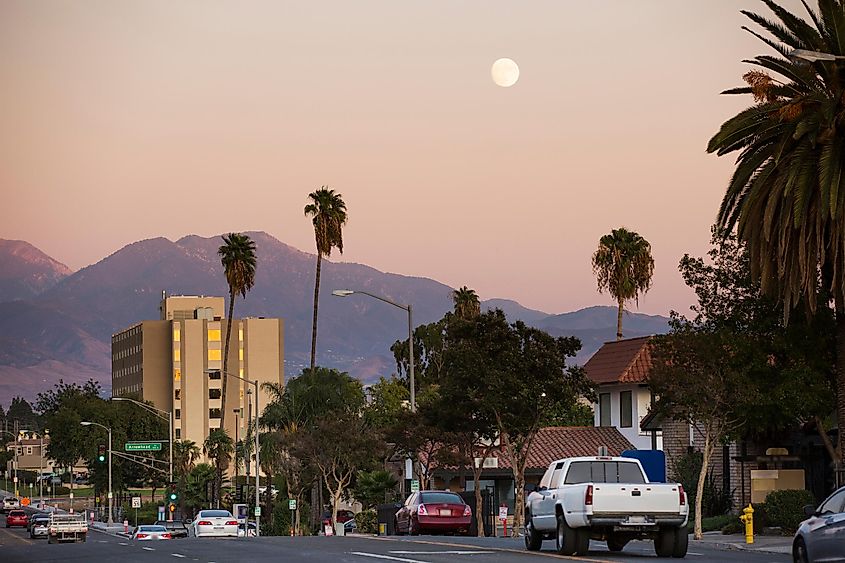 Twilight sunset view of the skyline of downtown San Bernardino, California