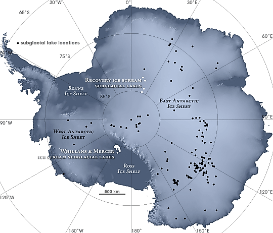 As of spring of 2007, glaciologists had discovered more than 140 subglacial lakes lurking under Antarctica’s ice.