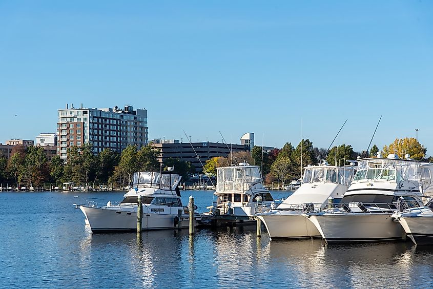 Yachts docking at Winter Hill yacht club at Mystic River in Somerville