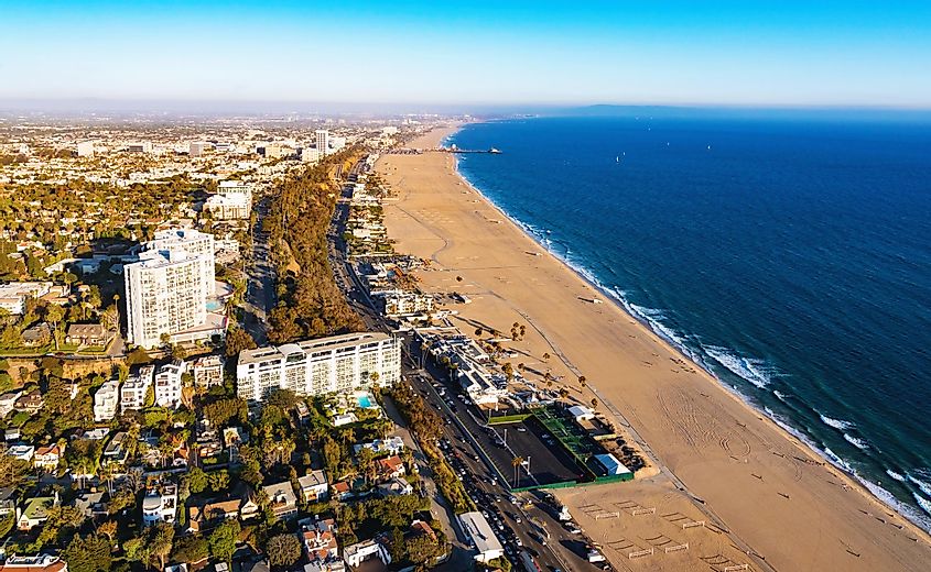 Aerial view of the beach in Santa Monica, California