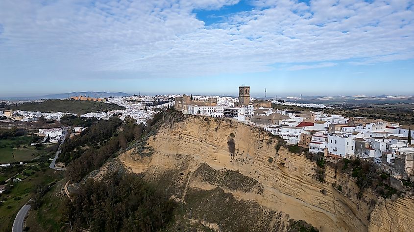 Aerial view of the pretty white village of Arcos de la Frontera in the province of Cadiz.