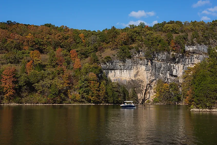 A boat on the Lake of the Ozarks at Ha Ha Tonka State Park, in Camdenton, Missouri.