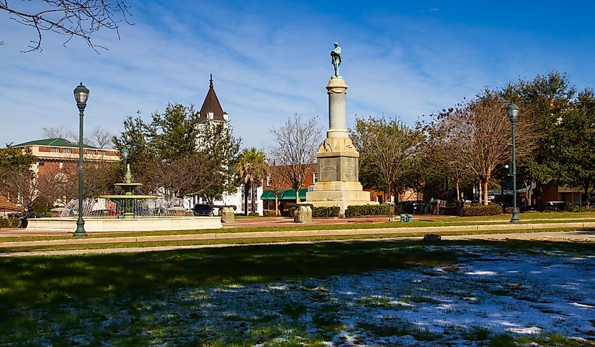 Looking out over snow covered grass at the Orangeburg Confederate Memorial