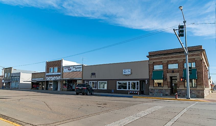 Looking down Main Street of the quiet small rural town of Plentywood, Montana, USA, on an early December afternoon.