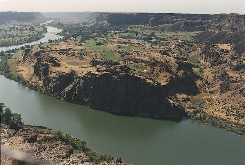 View of the Snake River and Blue Lakes Country Club from the Perrine Bridge overlook near Twin Falls, Idaho.