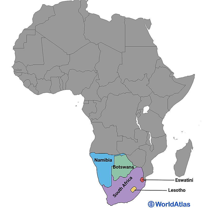 Map showing the 5 countries of Southern Africa