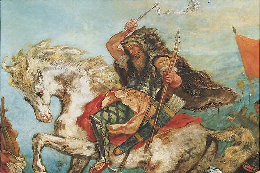A painting of Attila riding a pale horse, by French Romantic artist Eugène Delacroix (1798–1863)