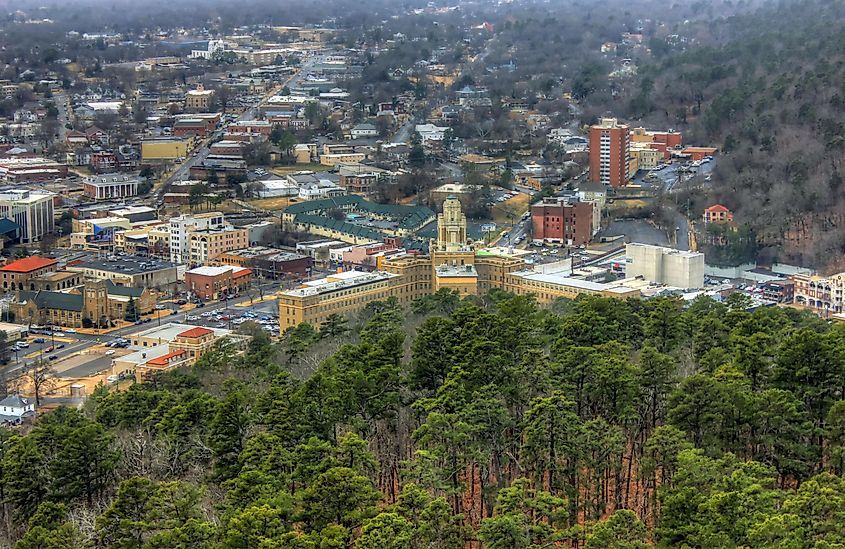Aerial view of Downtown Hot Springs, Arkansas.