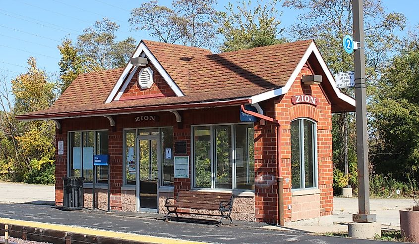 Zion Metra train station on a sunny autumn day in Zion, Illinois.